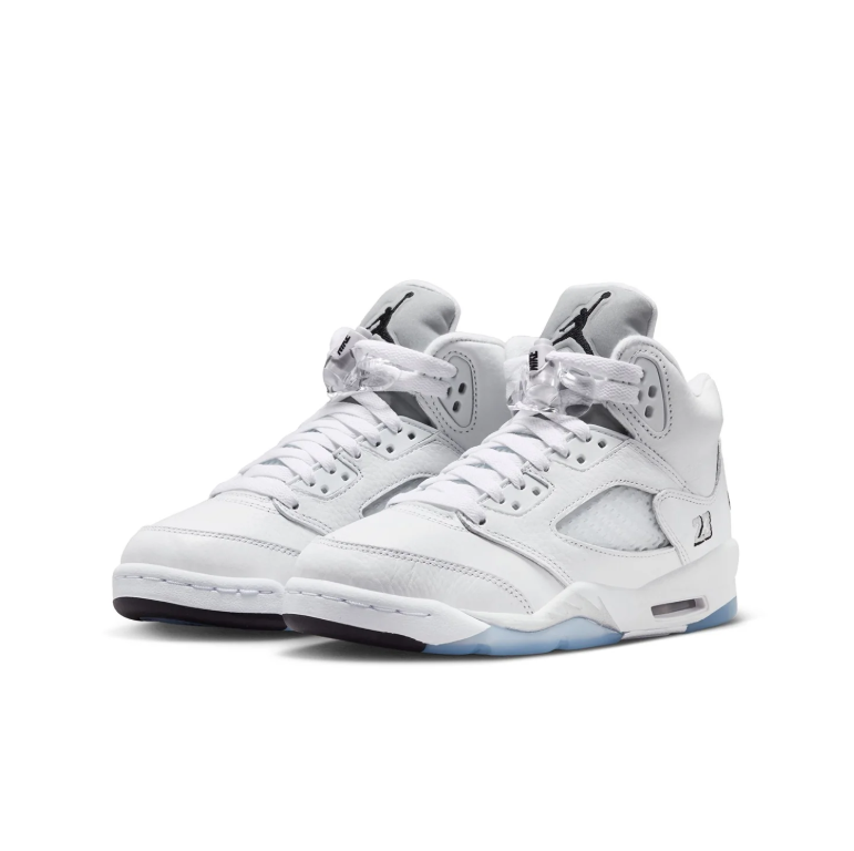 Air Jordan 5 Sneakers - White with Black Details and Icy Blue Sole