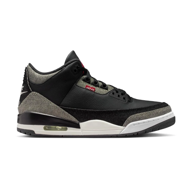 Air Jordan 3 Sneakers - Black with Gray Woven Details and Red Accents