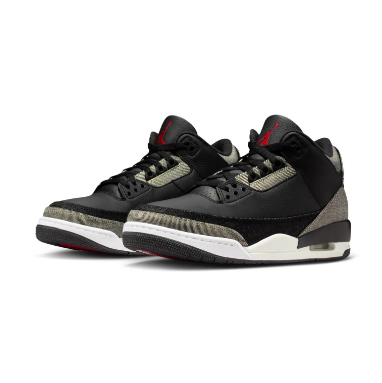 Air Jordan 3 Sneakers - Black with Gray Woven Details and Red Accents