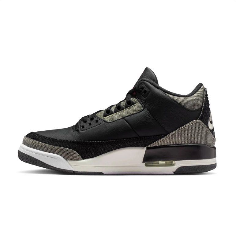 Air Jordan 3 Sneakers - Black with Gray Woven Details and Red Accents