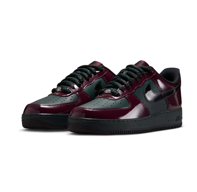 Nike Air Force 1 Sneakers - Glossy Burgundy and Dark Green with Black Sole