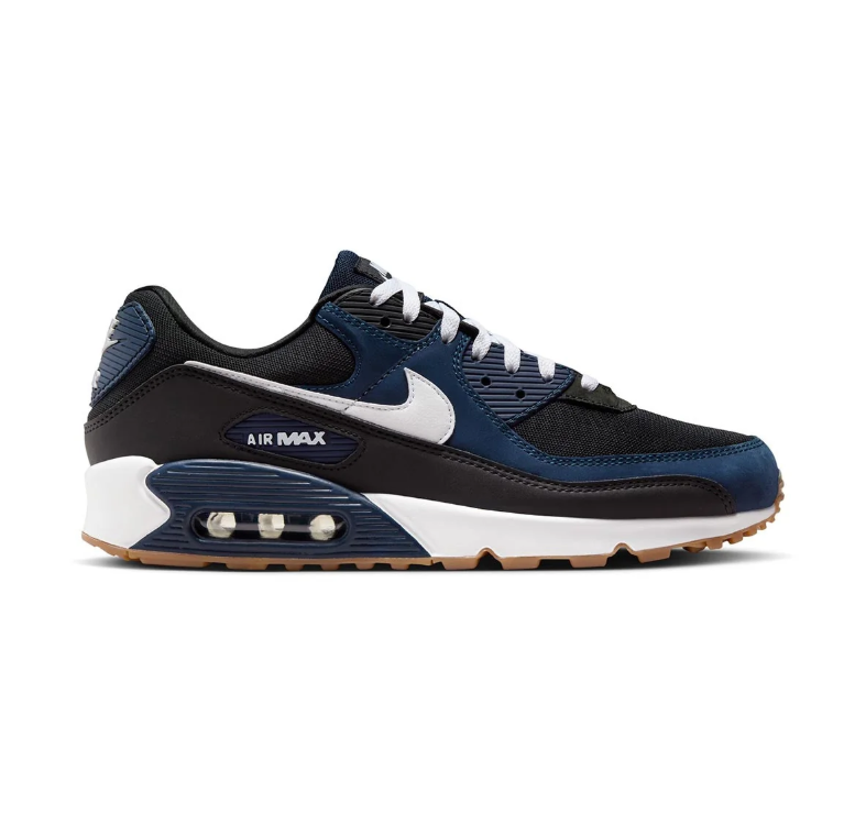 Nike Air Max 90 Sneakers - Black and Navy with White Swoosh and Gum Sole