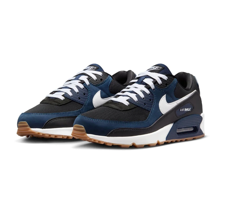 Nike Air Max 90 Sneakers - Black and Navy with White Swoosh and Gum Sole
