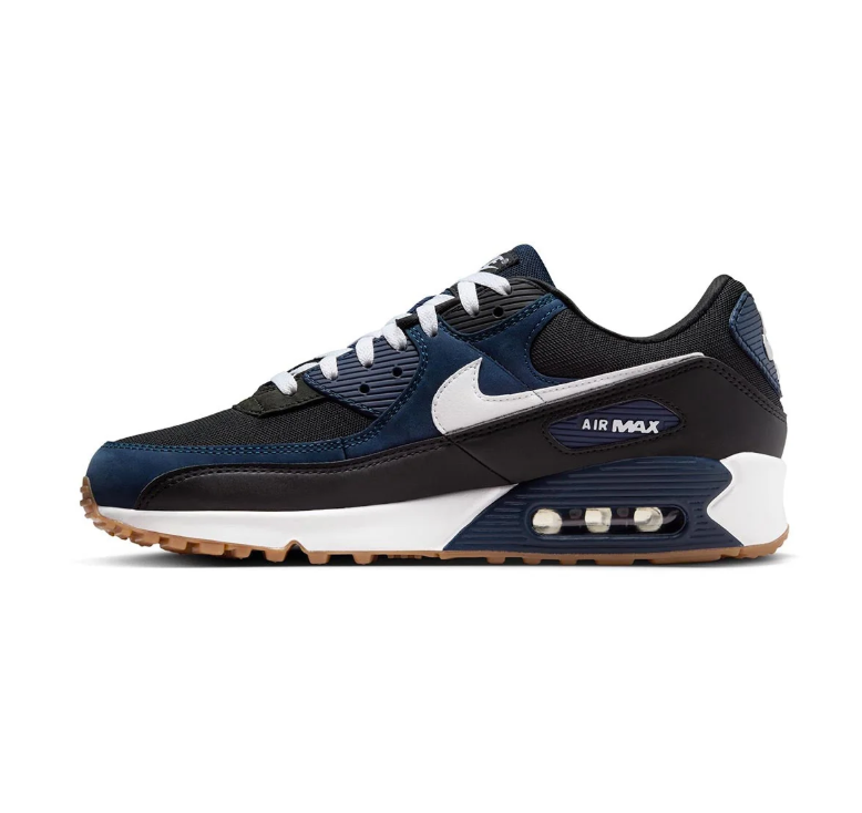 Nike Air Max 90 Sneakers - Black and Navy with White Swoosh and Gum Sole